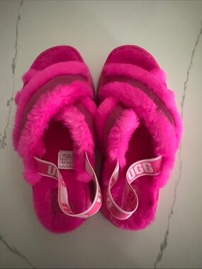 UGG Kids Hot Pink Fluffy Slingback Slides